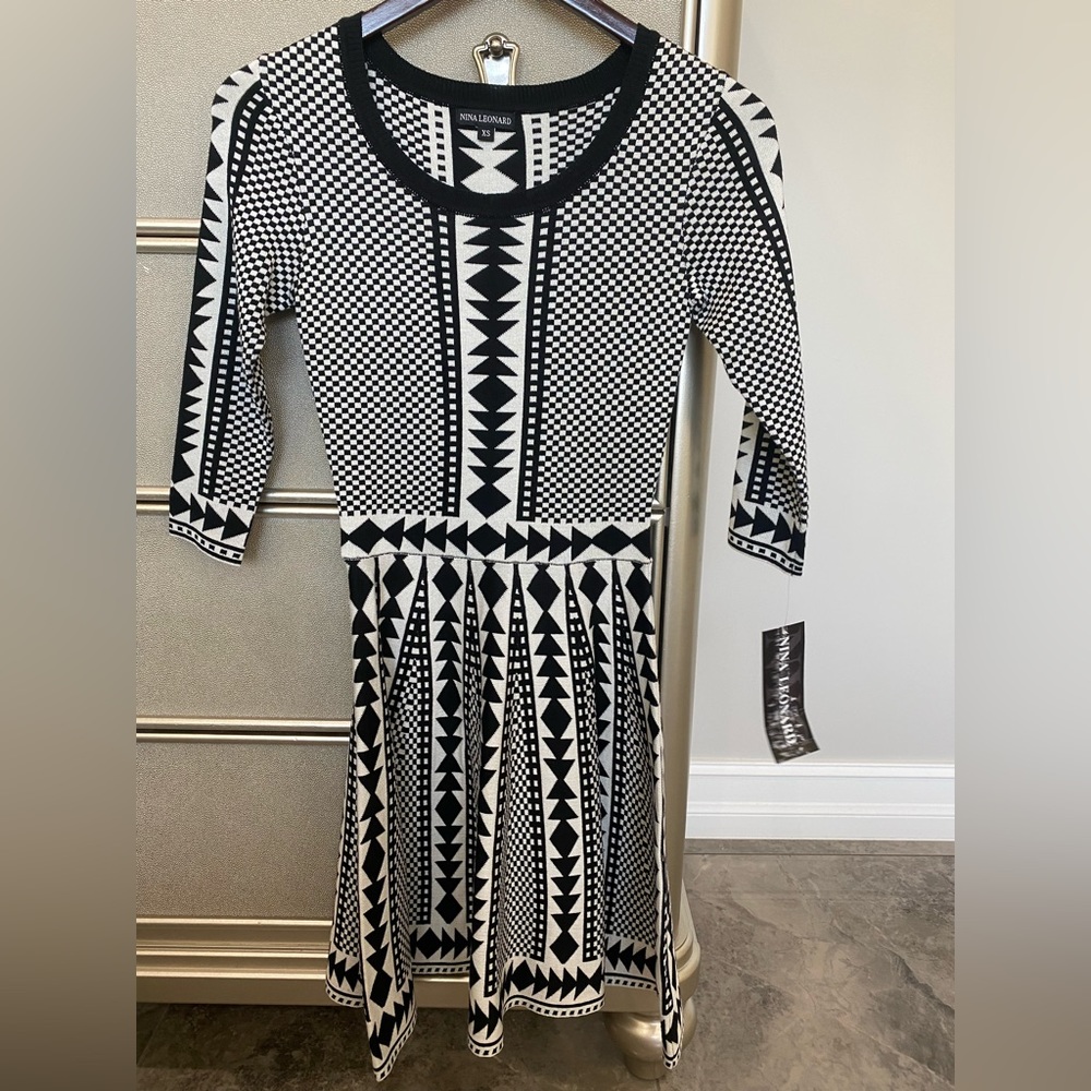 3/4 sleeve sweater dress, size XS, ivory/black, NWT - never worn!